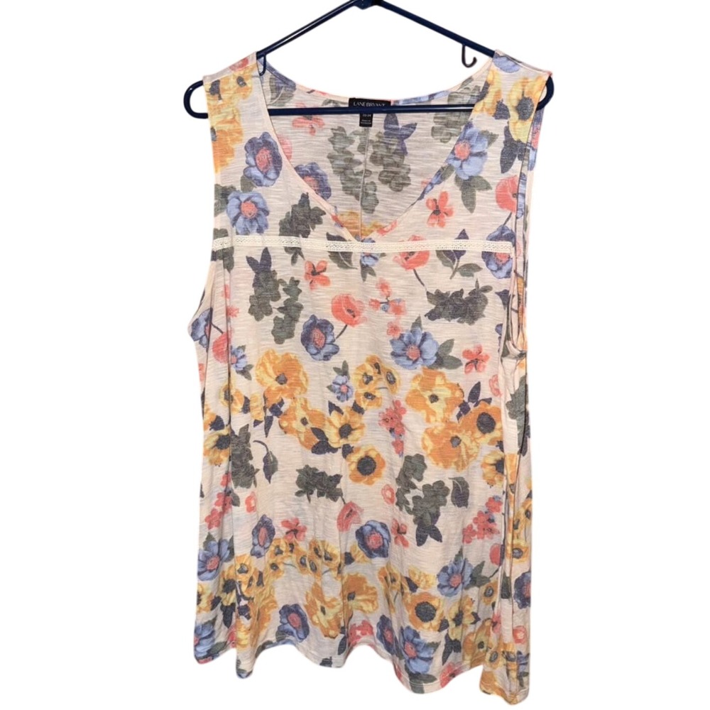 Lane Bryant Floral Sleeveless Tank Top 22/24 Multicolor V-Neck Lace Trim Slub
